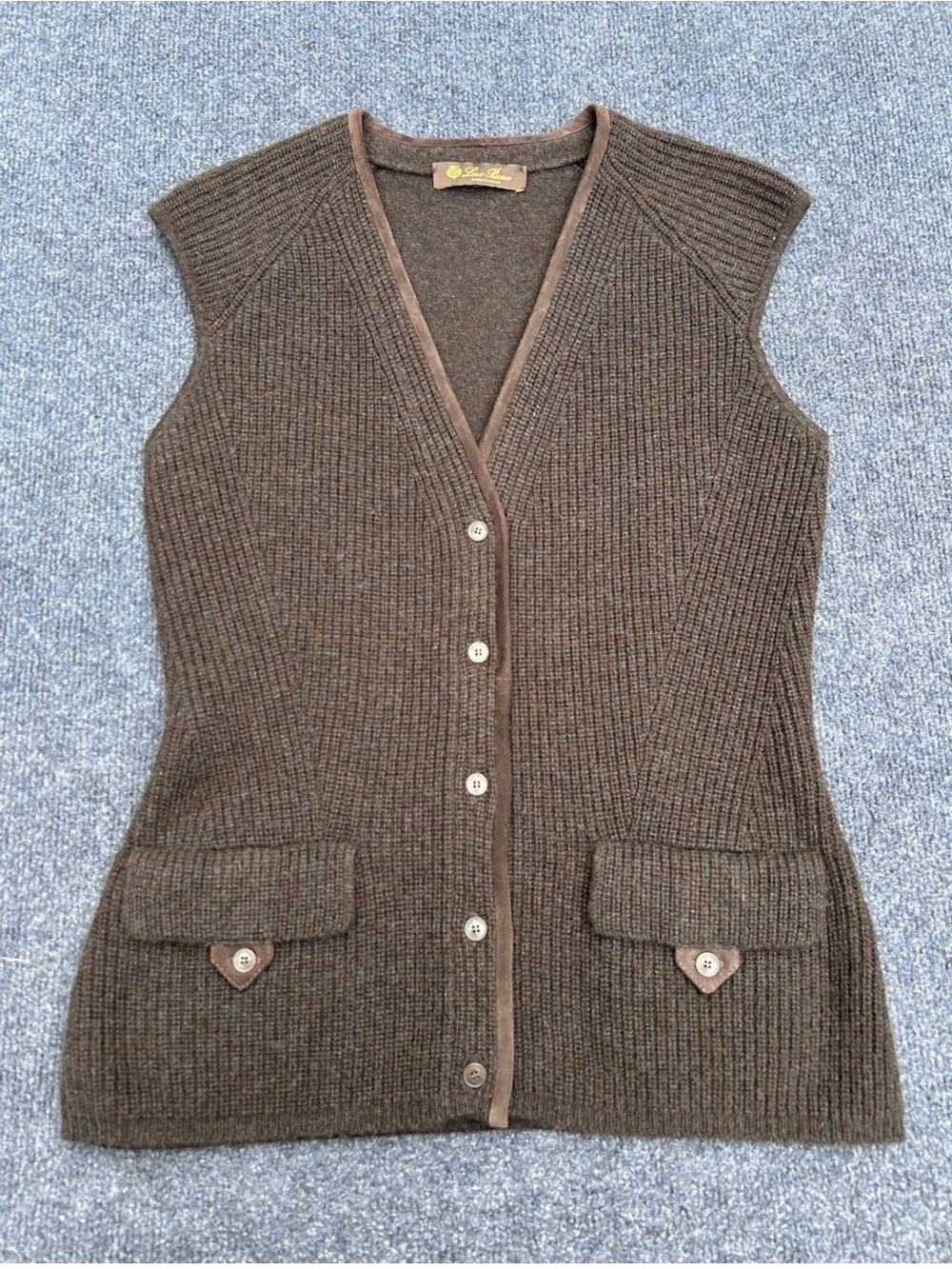 Loro Piana Dark Brown 100% Cashmere & Suede Trim Button-Front Sweater Vest - Picture 8 of 16